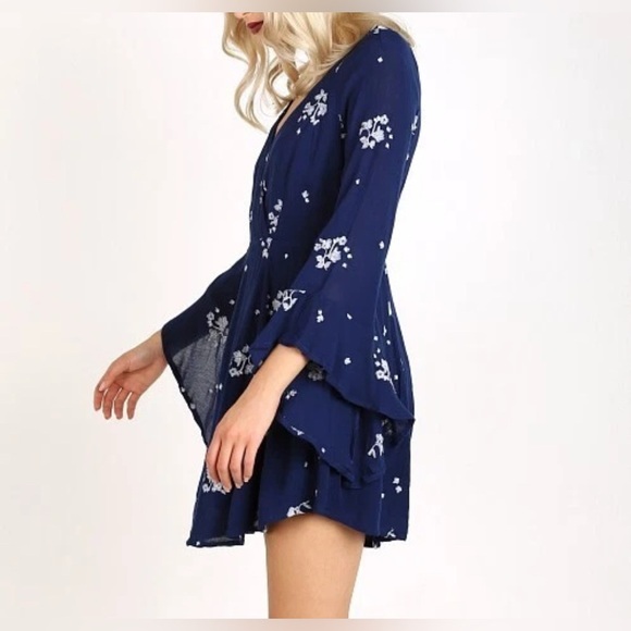 Free People Blue White Jasmine Floral Embroidered Long Bell Sleeve Gauzy Dress 2 - Picture 2 of 15